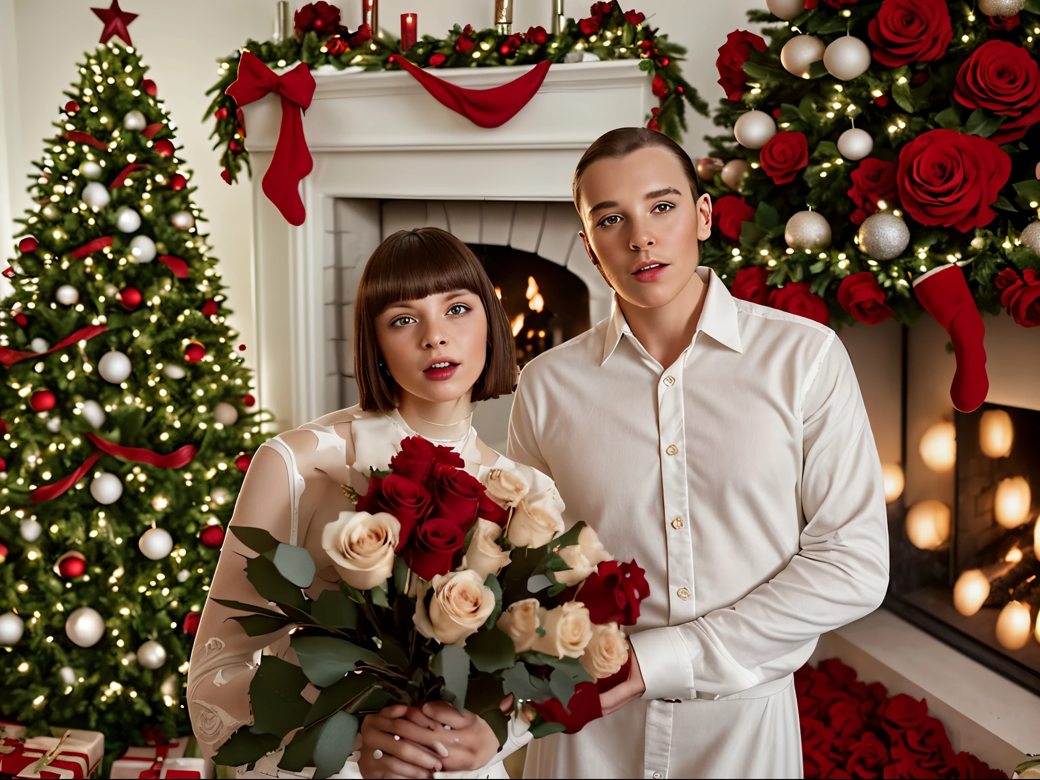 Woman with short bob haircut, brunette in a dress with a bouquet of red roses. Man in white shirt. Festive room in the background, Christmas tree, Gifts, fireplace. \(Light pleasant colors\)