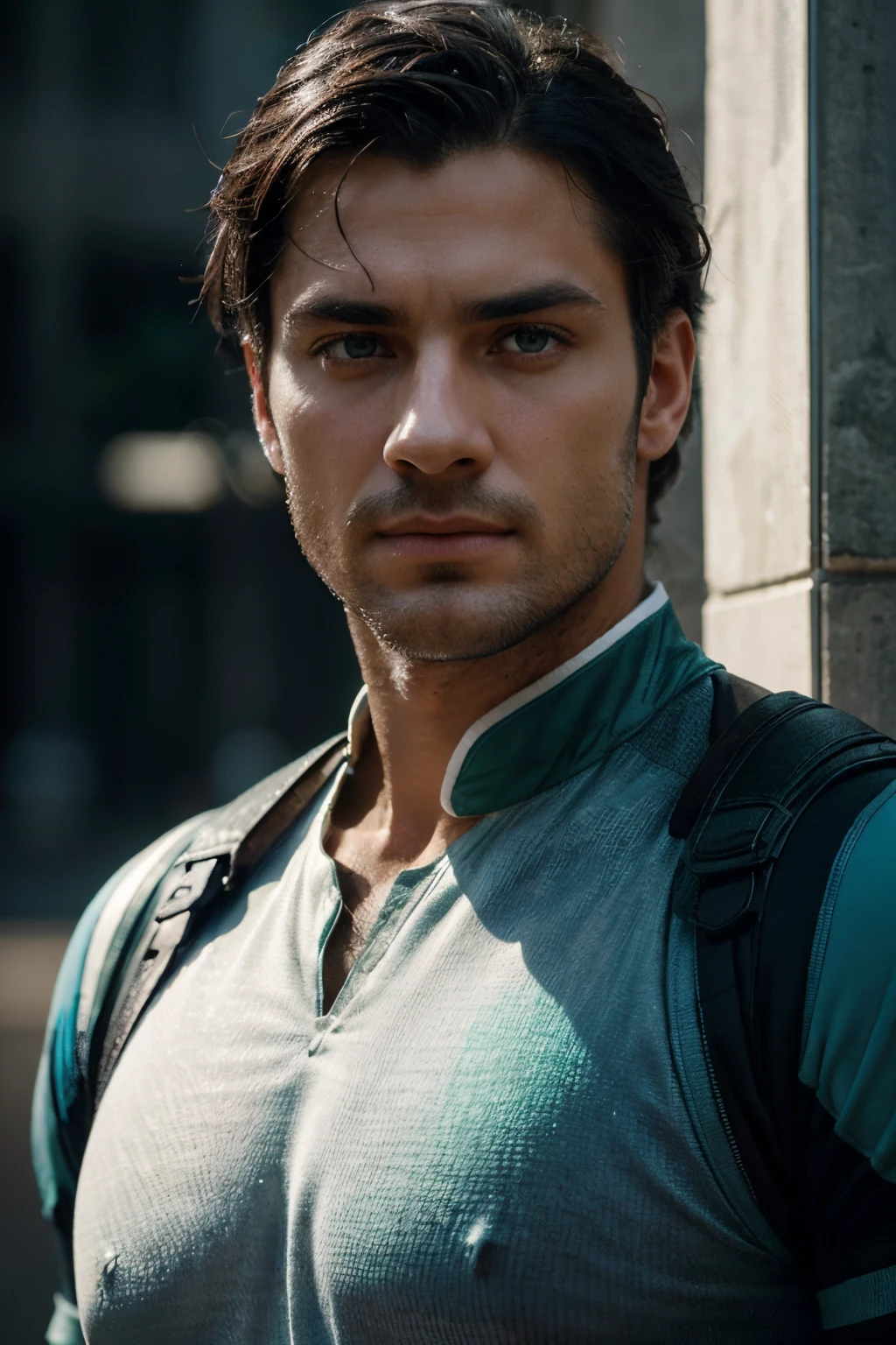 The prompt will be: "stoic male facing forwards, black hair, blue/green eyes, white male, (best quality, ultra-detailed), (realistic:1.37), fine art portrait, strong facial features, well-groomed facial hair, chiseled jawline, intense gaze, impeccable complexion, modern fashion style, studio lighting, vibrant colors, soft and natural lighting, subtle shadows, high contrast, (HDR), (physically-based rendering), (bokeh), confident expression"