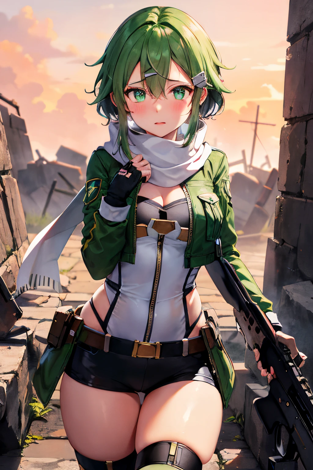 top-quality, 8K, ultra-detailliert, Photorealsitic, masterpiece, top-quality, hight resolution, 1girl in, sinon1, (Face Focus:1.3), scarf, Fingerless gloves, white clothes and green jacket, hair adornments, hair clips, Have a gun, Sniper rifle, Ruins, worried, Curvaceous, bbw, Blush with embarrassment, a person々A masterpiece surrounded by, Best Quality, Running, Crowd of enemies, Military, Blue sky, Huge fortress