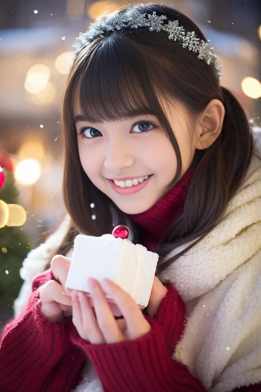 (Best Quality,Photorealistic,hight resolution),2girls,Beautiful detailed eyes,Beautiful detailed lips,Smiling,Laughing,Cute,Christmas Eve,Happy,having fun,Winters,Joyful,excited,Twinkling lights,Decorated Christmas Tree,clew,cosy atmosphere,Warm fireplace,magical moments,sparkling stars,Glowing candles,snowflakes falling,ground covered with soft snow,colorful holiday decorations,red and green colors,Elegant dresses,Fluffy scarves,Happy memories,cherish sisterhood,love and laughter、12-year-old sisters、a baby face、childish、Looking at the camera、Present Box、