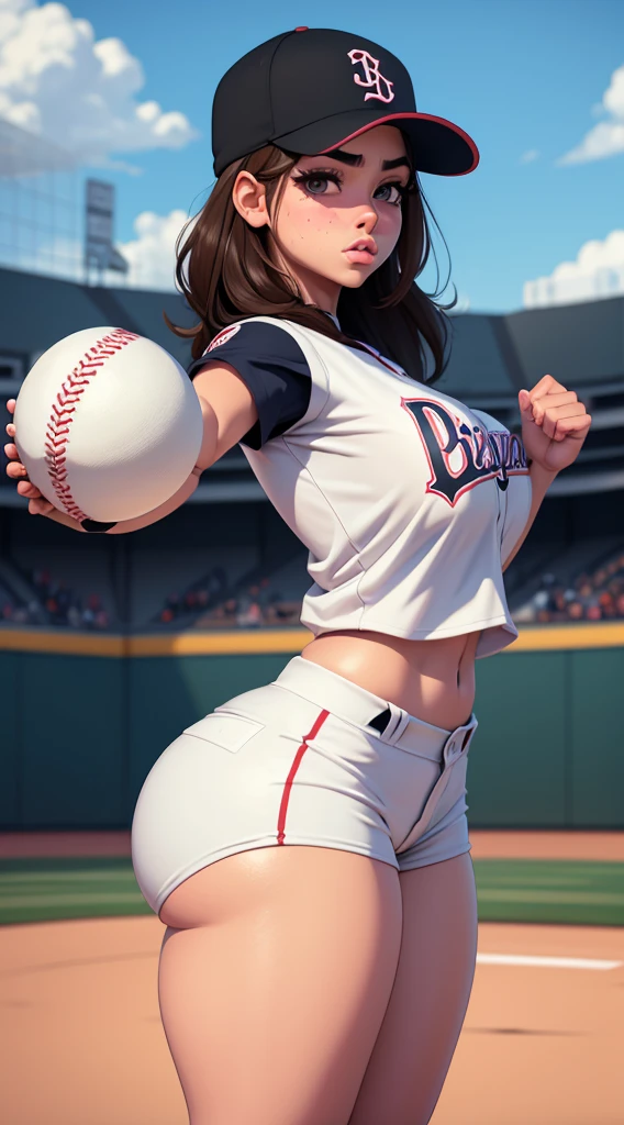 Girl baseball pitcher player in throwing position with ball in hand and glove, piel blanca con pecas, gorra de baseball, cabello largo negro, Slim thicc, slim build small breasts, cintura delgada, caderas muy anchas, muslos gruesos, piernas largas, hip dips, with a white baseball uniform with black lines, en escenario de estadio de baseball