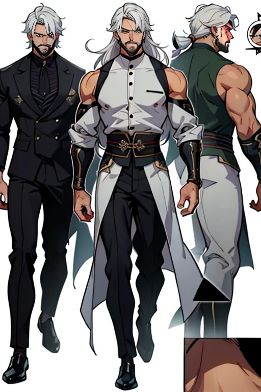 dark skin man, male, black eyes, white hair, long hair, anime style, 4k image, full body, holographic background, Character sheet, Handsome male. Perfect face, 6 ft 5 tall middle aged man. White hair. Long hair. Grey eyes. Beard. Eyepatch. Earrings. Toned body. Muscular male, character design sheet，full bodyesbian, Full of details, body front view, body back view,  Full body, muscle body, Formal Fantasy clothes. Genshin Impact. Hydro vision. Bulge in pants. Liyue, ((Masterpiece, Highest quality)), Detailed face, character design sheet， full bodyesbian, Full of details, frontal body view, back body view, Highly detailed, Depth