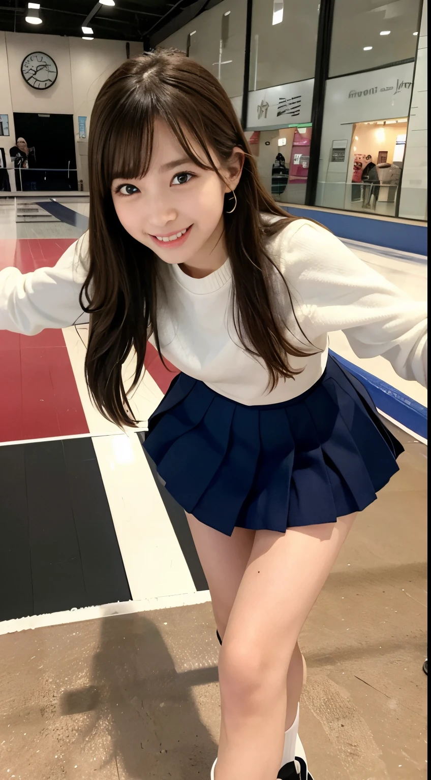 a photo of a girl, skating in small indoor temporary skating rink in a shopping mall, temporary, the girl is smiling and laughing, she has long, brown hair and brown eyes, and the rink is full of other people skating, skate shoes with edge,  skating,
wearing (crop-top:0.5) basic school sailor uniform, long sleeve, half-cleavage, pleated mini blue_skirt, beautiful eyes, deep-color,