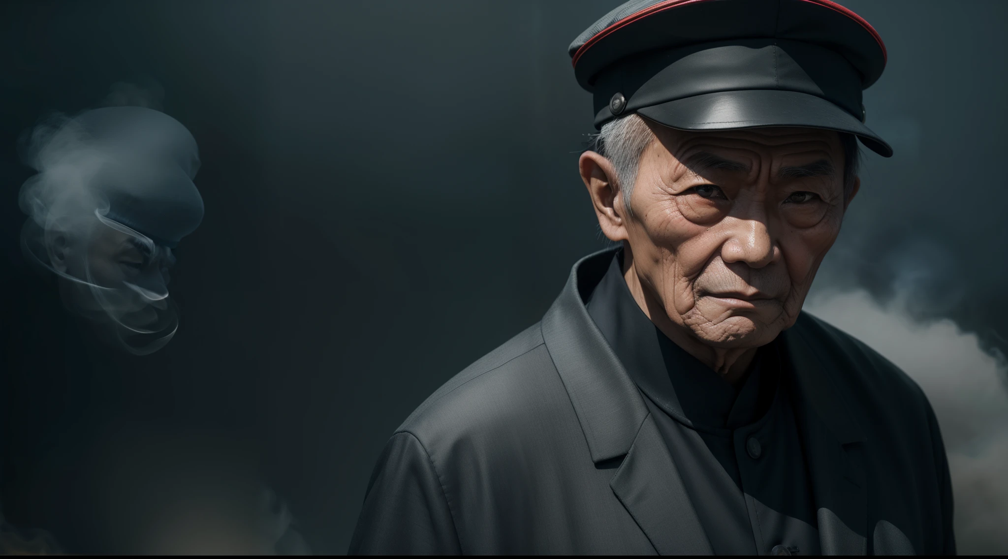chinese elderly man with cap on his head black senario alone in photo smoky image front face