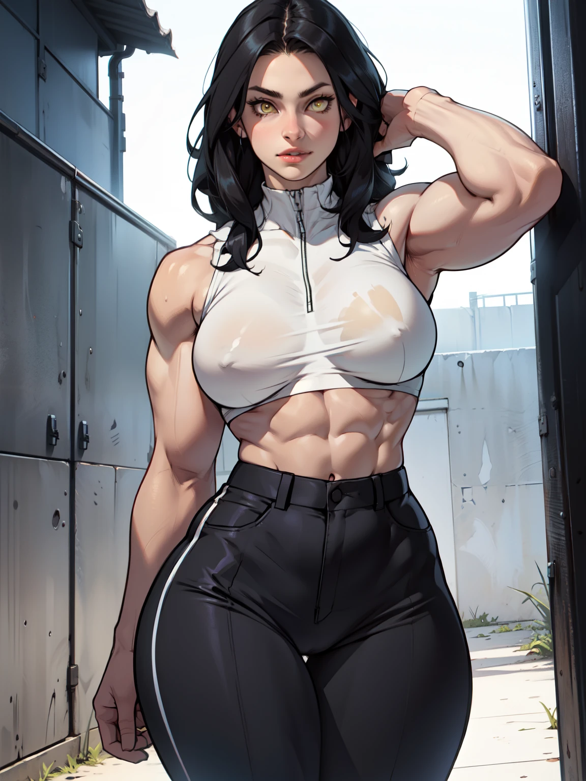 muscular girl thin waist large breasts thick pale skin black hair yellow eyes muscular girl thin waist large breasts thick muscular girl thin waist large breasts thick