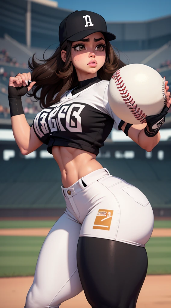 Girl baseball pitcher player in throwing position with ball in hand and glove, piel blanca con pecas, gorra de baseball, cabello largo negro, Slim thicc, slim build small breasts, cintura delgada, caderas muy anchas, muslos gruesos, piernas largas, hip dips, with a white baseball uniform with black lines, mud stained pants, en escenario de estadio de baseball