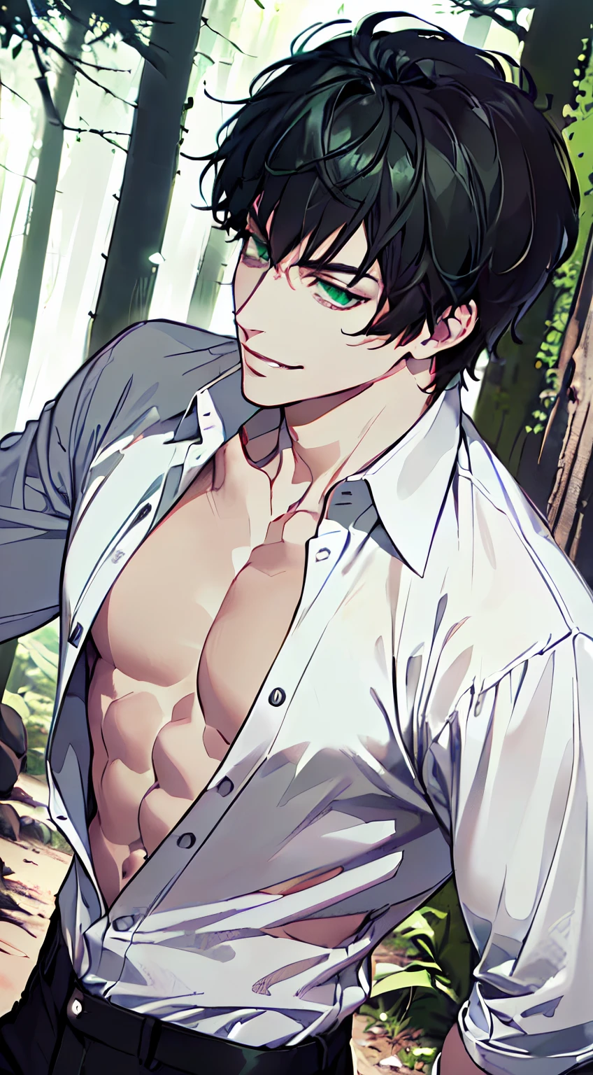 (absurdres, highres, ultra detailed), 1man, 30 years old man, man, handsome, tall, finely detailed eyes and detailed face, black leather pants, white shirt, night, smile, dutch angle, ((shaggy hair, bangs, side locks, black hair)), (((forest, looking at the view, pale skin, green detailed eyes, (((open chest))), (masculine), sexy, smirk, seductive, slightly muscular, very attractive, flirtatious, mature, white open shirt, tease, (low angle)