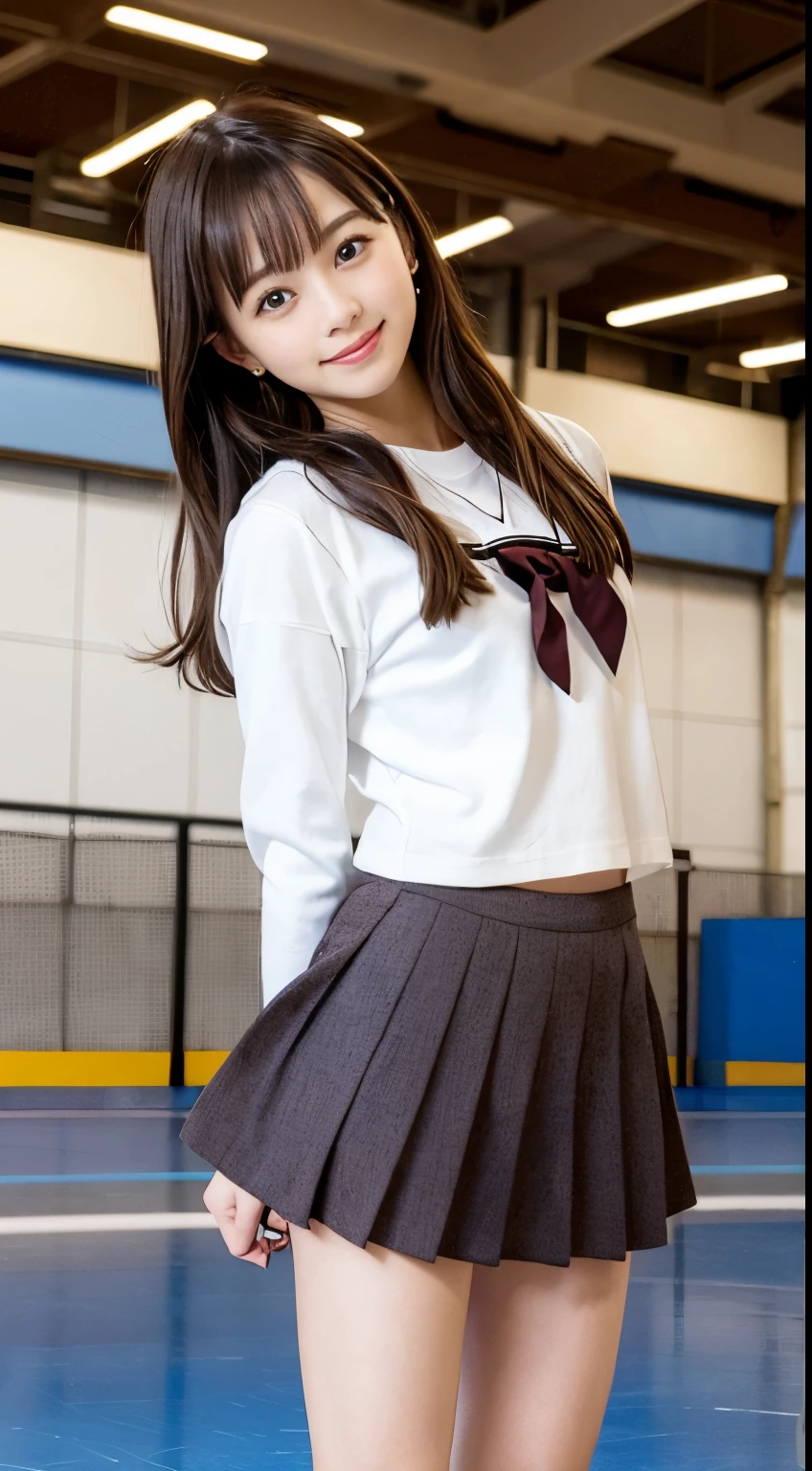 a photo of a girl, skating in small indoor temporary skating rink in a shopping mall, temporary, the girl is smiling and laughing, she has long, brown hair and brown eyes, and the rink is full of other people skating, skate shoes with edge,  skating,
wearing (crop-top:0.5) basic school sailor uniform, long sleeve, half-cleavage, pleated mini blue_skirt, beautiful eyes, deep-color,