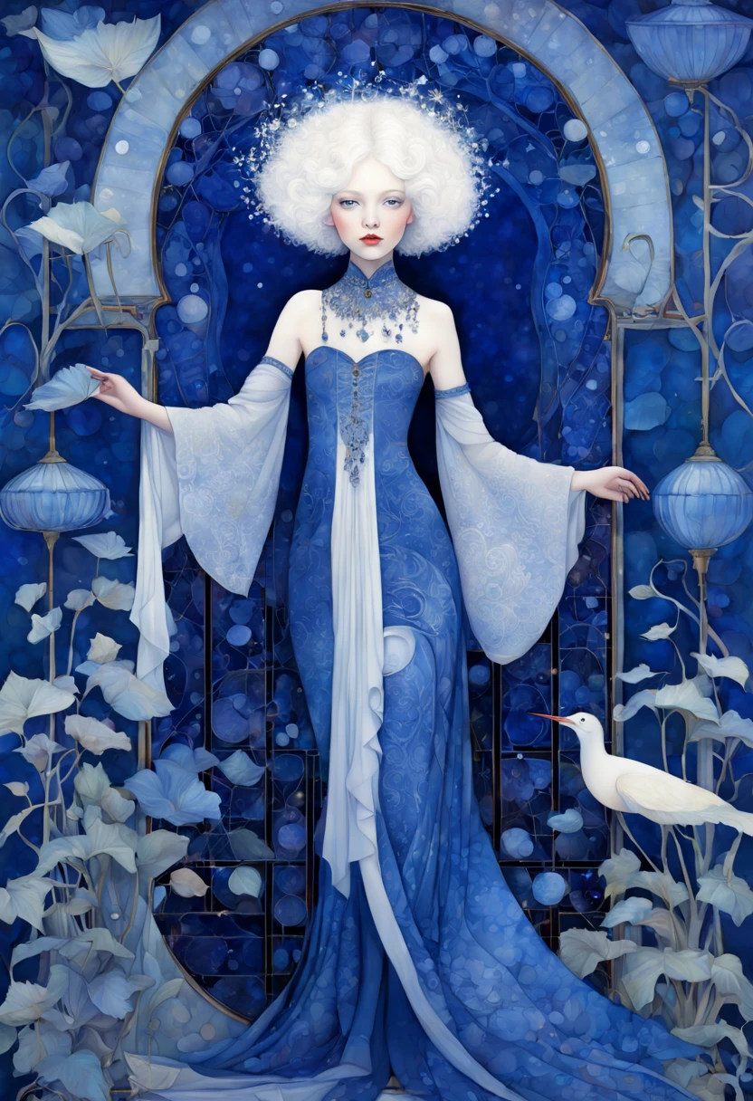 high quality, highly detailed, fantasy, At the forefront of this enchanting indigo blue scene stands a fantastical 4 albino girl, a harmonious fusion of the whimsical beings imagined by Richard Burlet, Ida Rentoul and Iris Esther and the organic fluidity found in THE STYLE OF William Morris and Alphonse Mucha's art nouveau lines, she becomes a captivating focal point, embodying the essence of surreal enchantment and organic elegance, Adding an otherworldly touch, an ethereal elegance with classic christmas decorations, HDRI