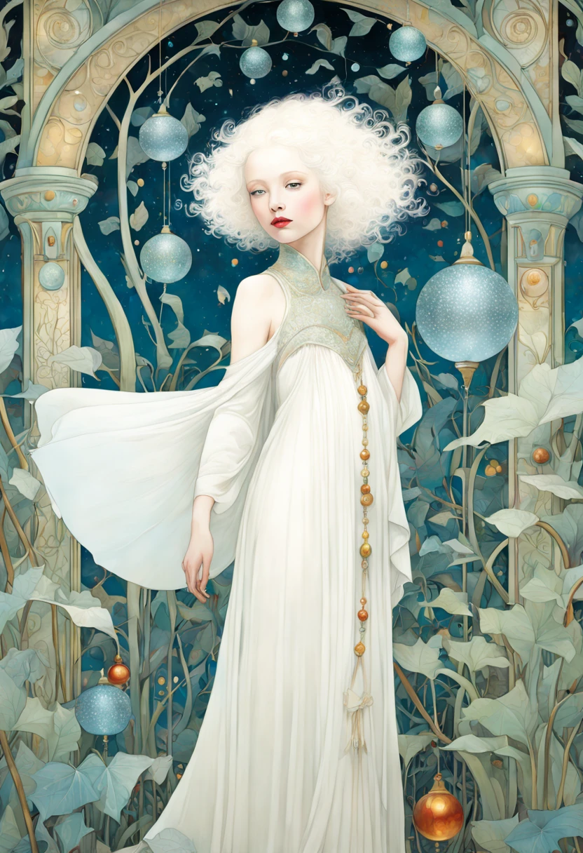 high quality, highly detailed, fantasy, At the forefront of this enchanting scene stands a fantastical 4 albino girl, a harmonious fusion of the whimsical beings imagined by Richard Burlet, Ida Rentoul and Iris Esther and the organic fluidity found in THE STYLE OF William Morris and Alphonse Mucha's art nouveau lines, she becomes a captivating focal point, embodying the essence of surreal enchantment and organic elegance, Adding an otherworldly touch, an ethereal elegance with classic christmas decorations, HDRI