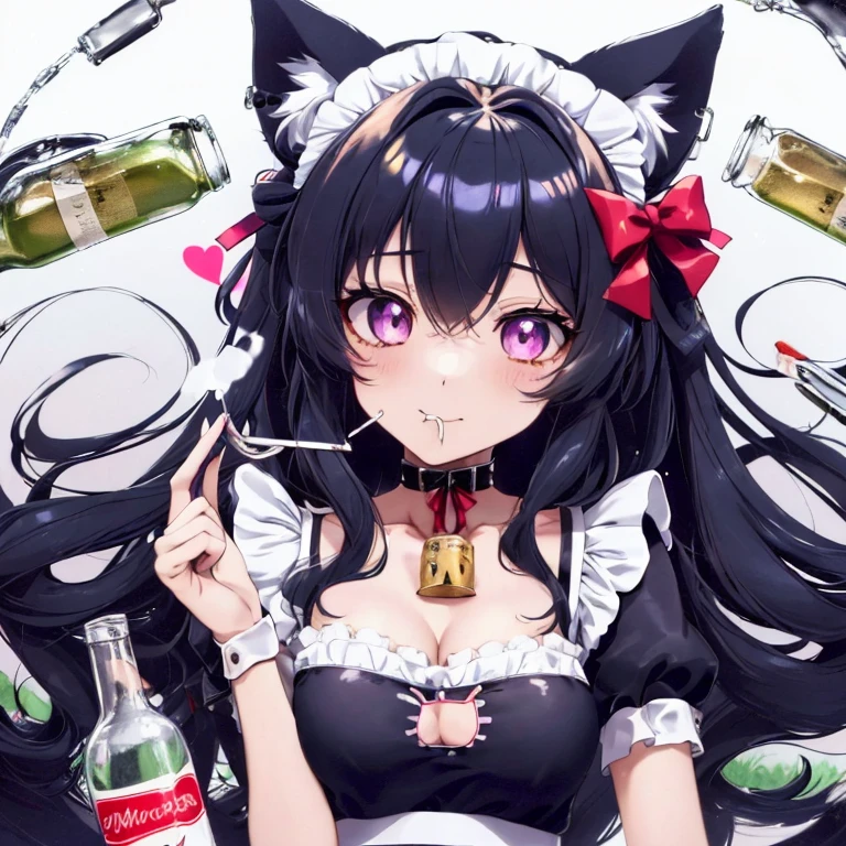 Close-up of a person, holding a bottle and a cigarette, anime cat girl in a maid costume, ahegao, cute anime catgirl, anime girl in a maid costume, anime cat girl, beautiful anime catgirl, very beautiful anime cat girl, anime girl with cat ears, Nekomimi, anime style 4 k, anime moe artstyle, Anime Cat