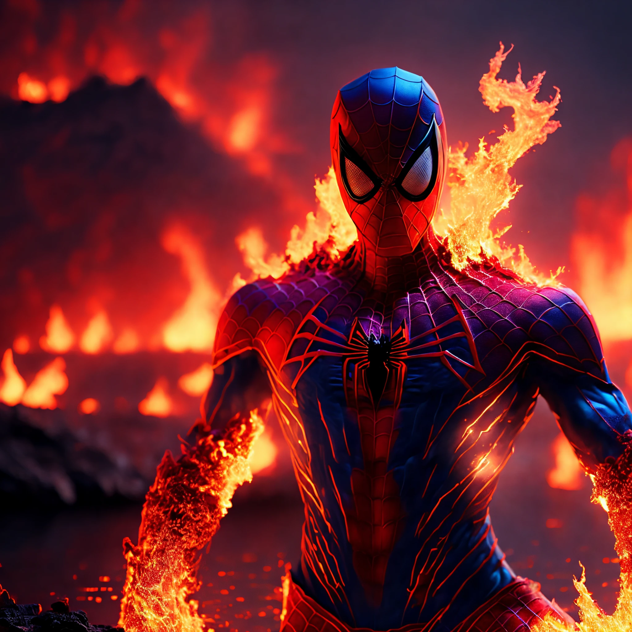 Close-up (Human figure Spiderman made of fire from Marvel in lava style: 1.3) emerging from the flaming lake, well detailed, volumetric light