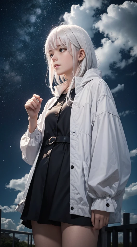The white-haired girl was looking at the dark sky with her hand pointing at the sky.