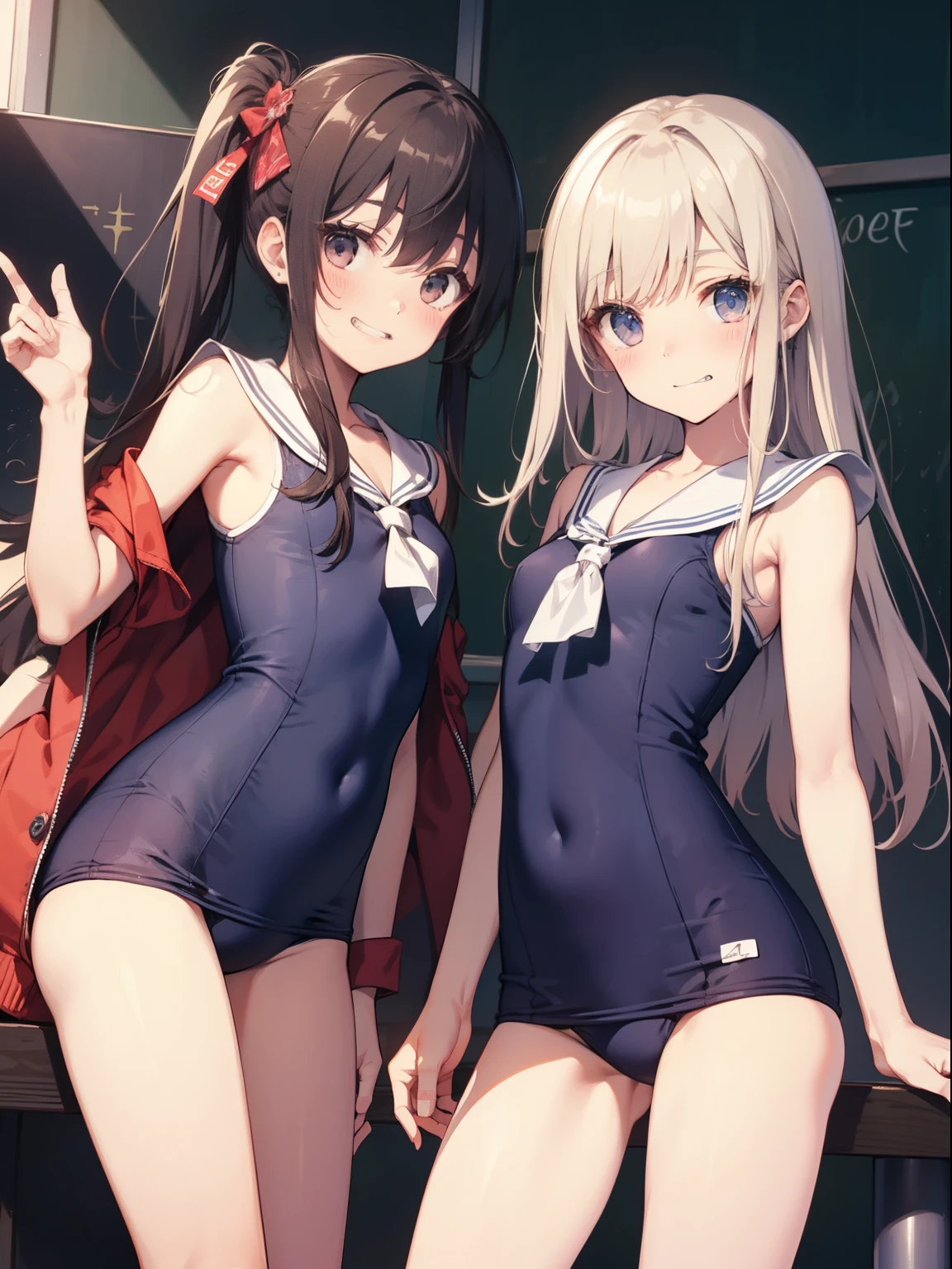 top-quality、Full limbs、complete fingers、Slender beauty、1 persons、ssmile、double tooth、embarassed expression、Sailor School Swimsuit、knee high、straighten your legs、Put your hands on your hips