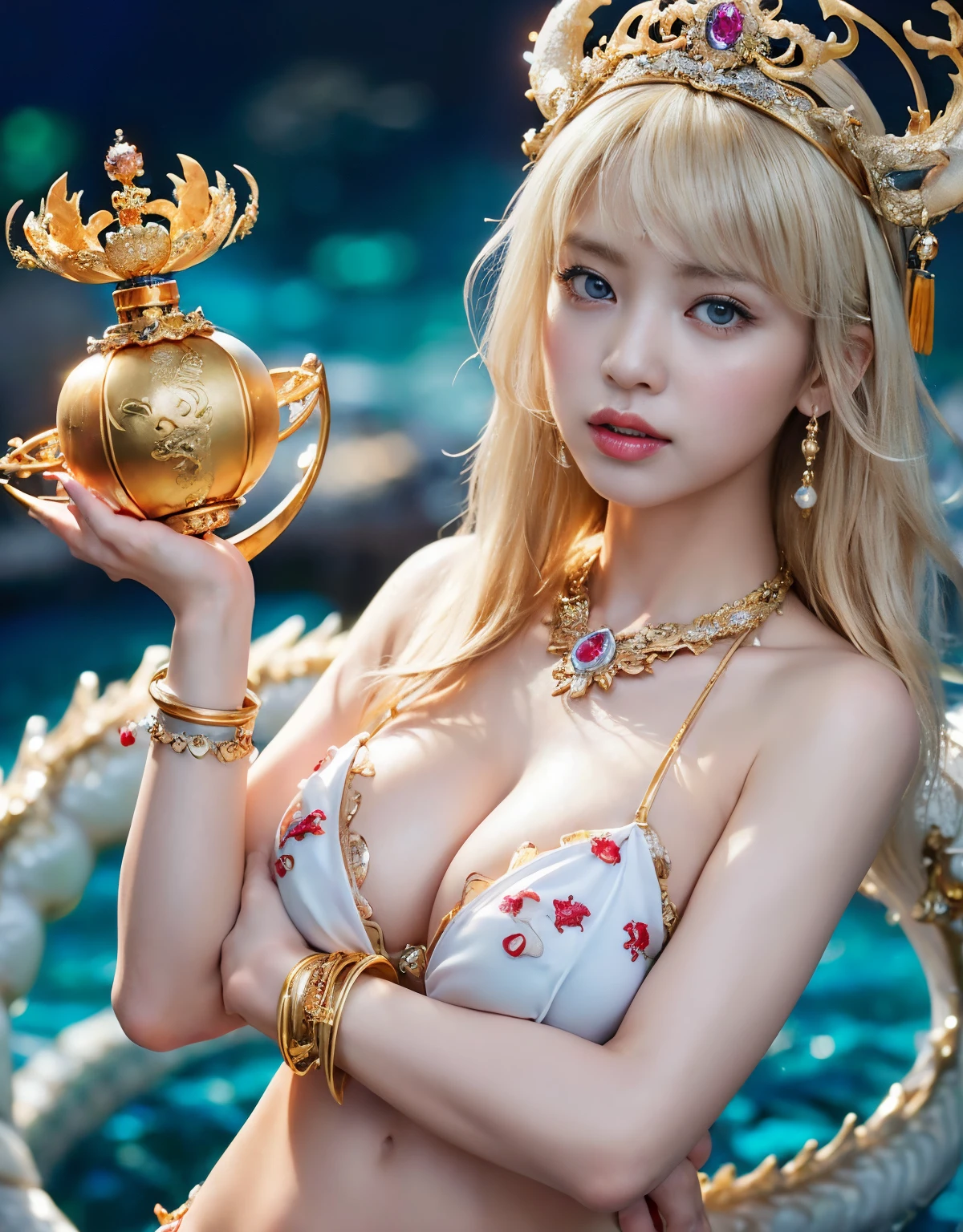 (intense chest expression）,top-quality、​masterpiece、超A high resolution、（Gold Dragon Armor）、(((Colossal tits)))、(((large floral ornament on the head))),(((Detailed Micro Bikini))),(Wearing a beautiful crown made of jewels),(Photorealsitic:1.4)、Raw photo、女の子1人、(((Random hair))、(((Take different poses)))、glowy skin、(((White Chinese Dragon)))、Intricate and ornate hair ornaments、（Looks like a gorgeous jewelry necklace）、（Full Body Angle）、（fight big dragonet bikini）、((Beautiful sea background)),Precipitous cliffs、(Castle background)、((super realistic details))、portlate、globalillumination、（sexypose）、Shadow、octan render、8K、ultrasharp、Colossal tits、Raw skin exposed in the cleavage、metals、Details of complex ornaments、Japan details、highly intricate detail、Blue eyes、Eyes shining towards the camera、Toostock、（Full Body Angle）、（veils）、(((Heavy Big))),((she is wearing a beautiful jeweled bangle.)),Beautiful hip line、