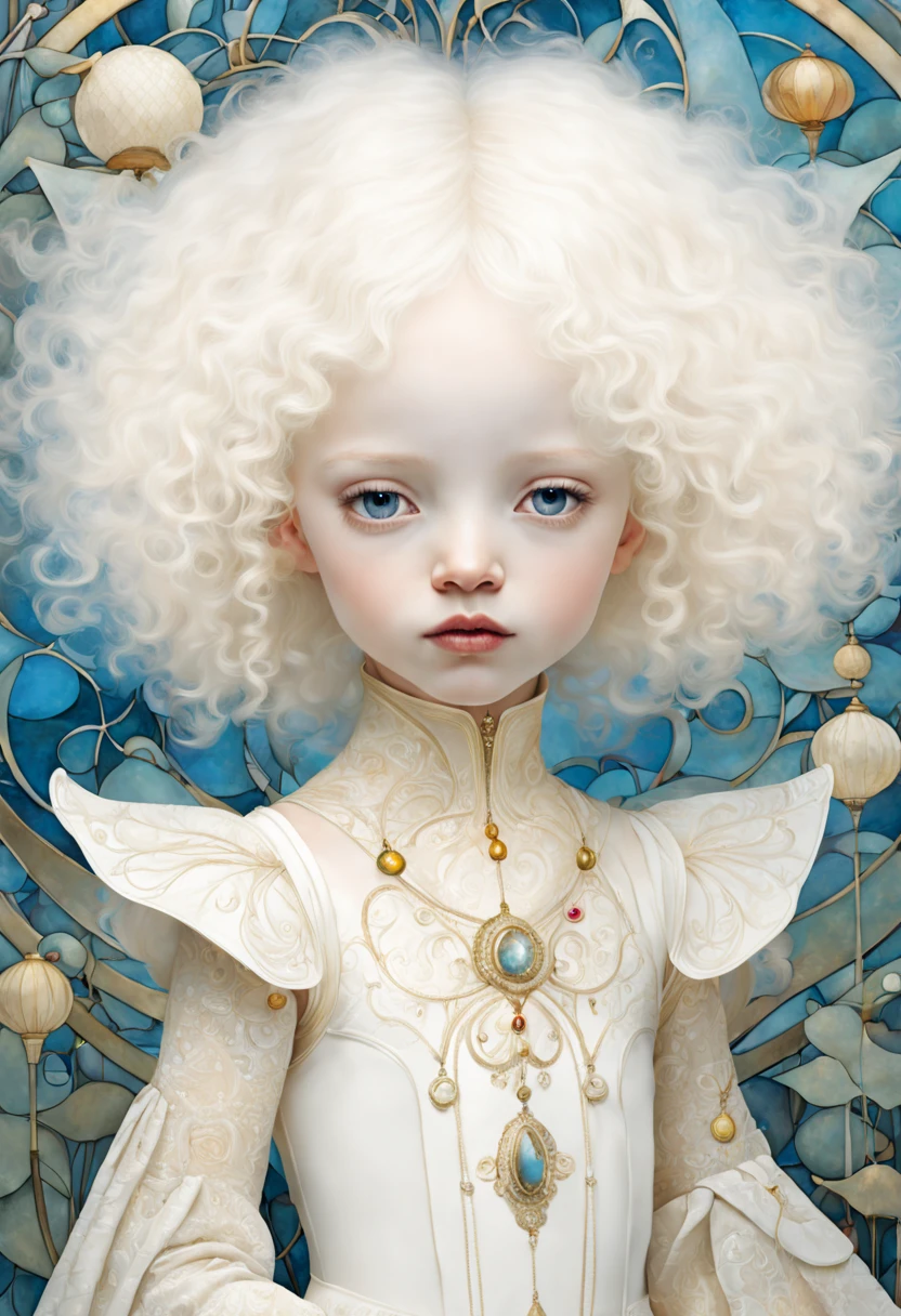 high quality, highly detailed, fantasy, At the forefront of this enchanting scene stands a fantastical  closeup of 4 year old albino girl, a harmonious fusion of the whimsical beings imagined by Richard Burlet, Ida Rentoul  and Iris Esther  and the organic fluidity found in THE STYLE OF William Morris and   Alphonse Mucha's art nouveau lines, she  becomes a captivating focal point, embodying the essence of surreal enchantment and organic elegance, Adding an otherworldly touch, an ethereal elegance with classic christmas decorations, HDRI