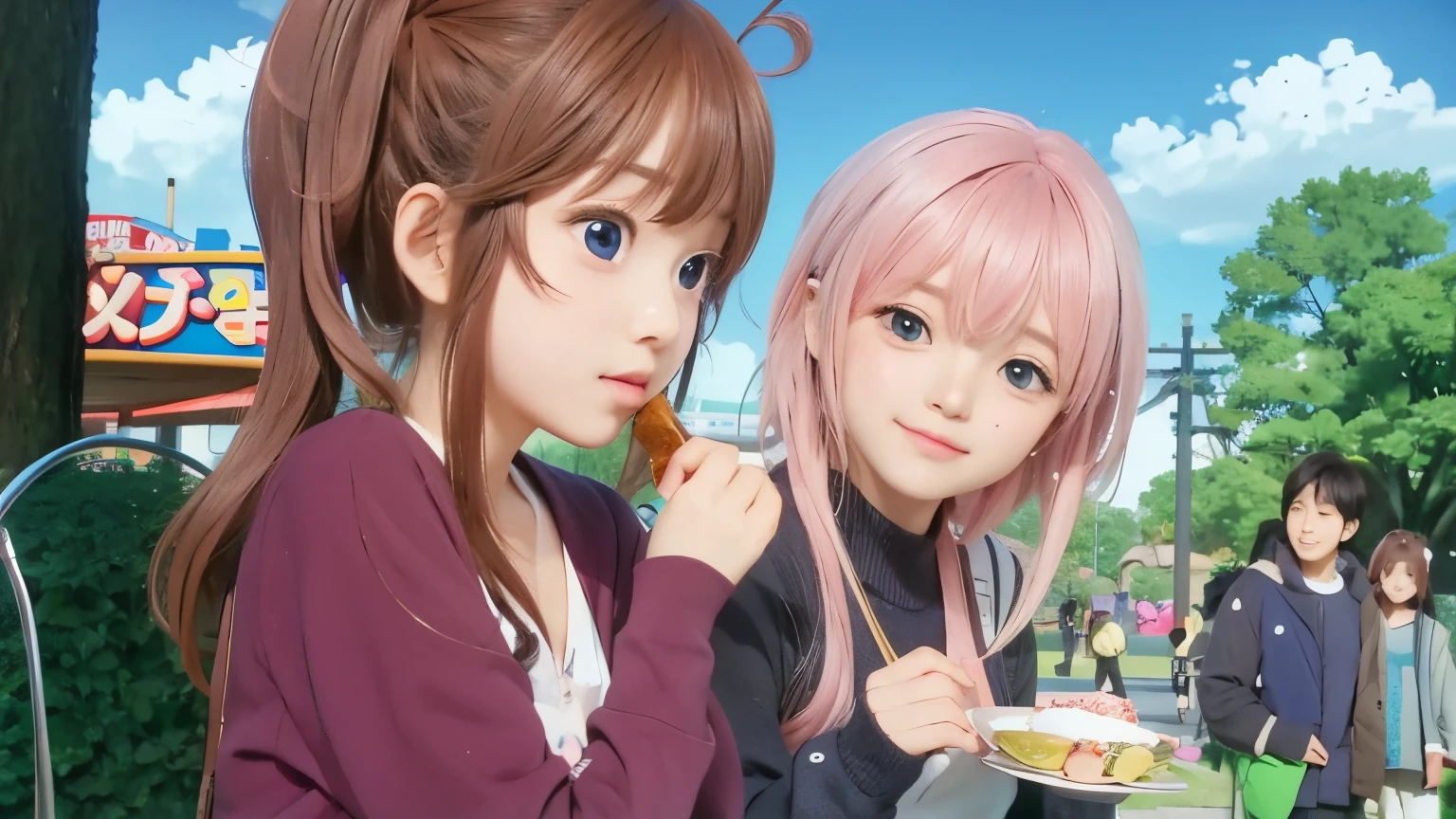 Cartoon characters standing in the park,Holding a plate of food in his hand, slice of life anime, Still from TV animation, anime yulu camp, Screenshot of the animated movie, yuruyuri, Today’s recommended anime is still, kyoto animation still, Still from anime, Anime visuals of a cute girl, yuruying, sankakucomplex anime image, two beautiful anime girls