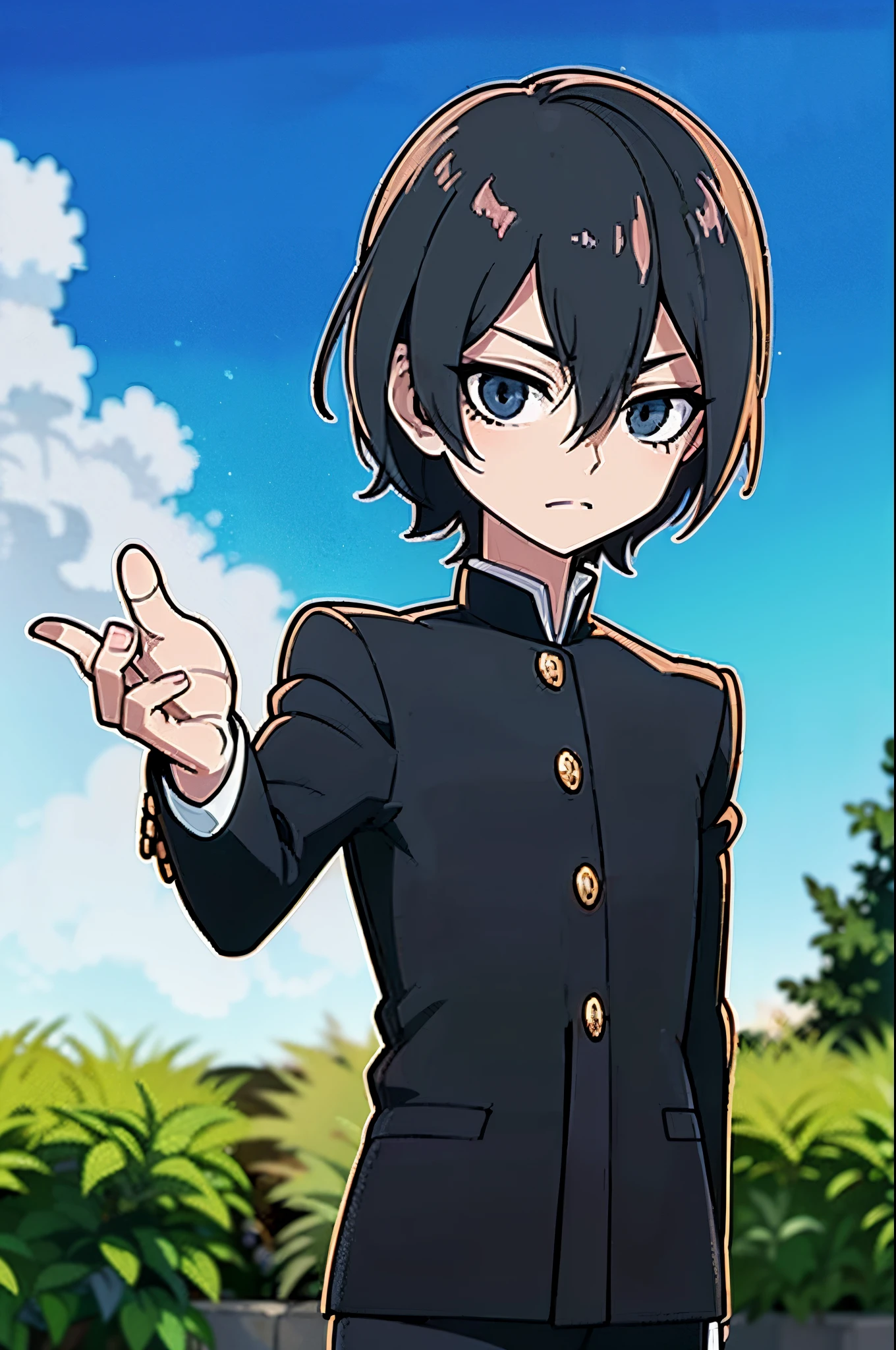 garoto jovem, cabelos azuis, corte de cabelo bob, olhos azuis, vestindo roupas pretas de estudante, Gakuran Preto, menino anime, pose anime bonito,rosto de goro akechi, , cara de anime alto com olhos roxos, em um jardim, blue skies, 4k, arte digital estilo anime, arte de anime de alta qualidade, arte da linha preta, 4k, master part