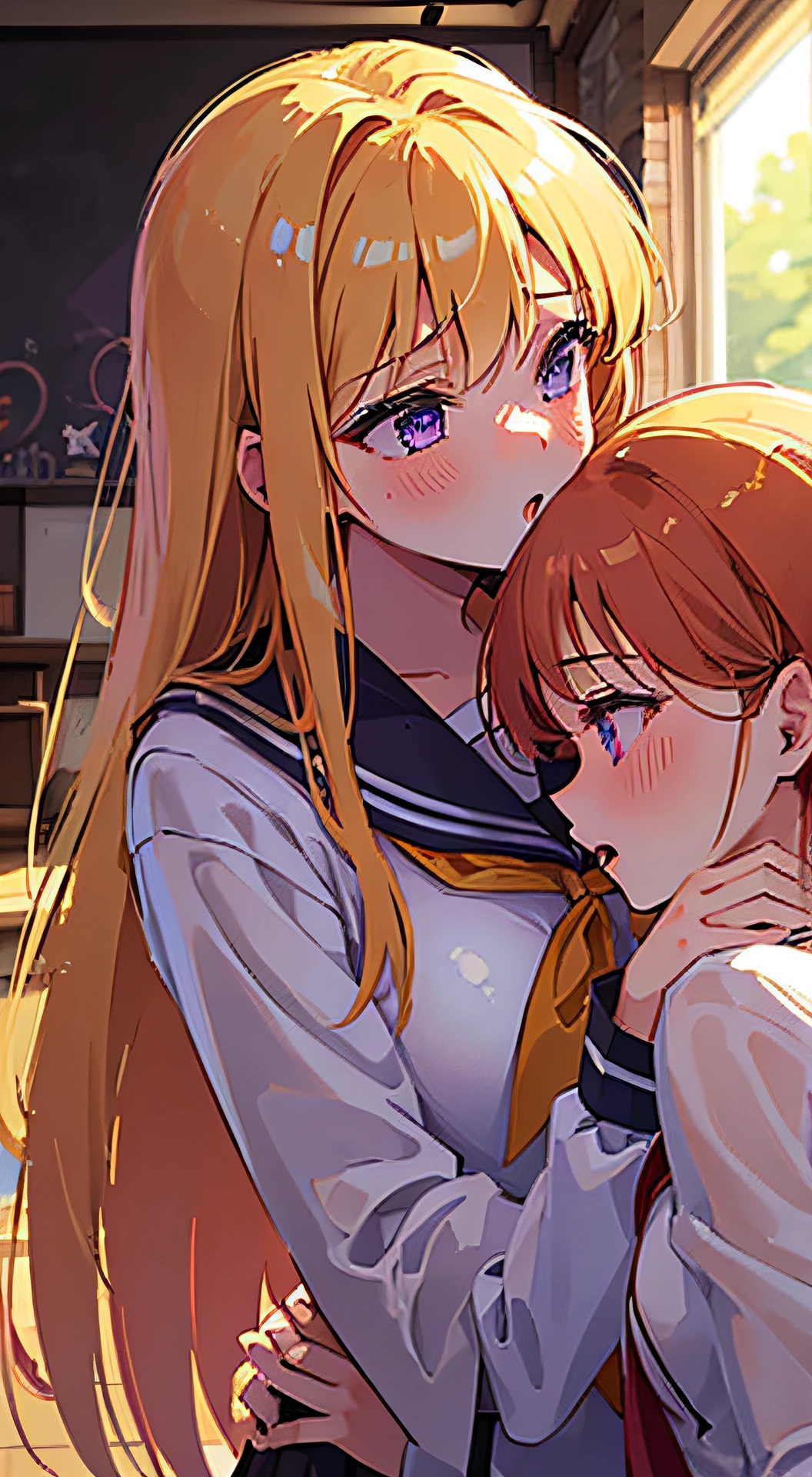 2girls kiss , One had long blonde hair and she had green eyes. , The other girl had long ginger hair and purple eyes., After School , Sailor uniform, class room , evening, Yuri, lesbian, love, red face, date,fan,Cuddly, large boobs,A Beautiful Girl,A passionate, romantic kiss., lover