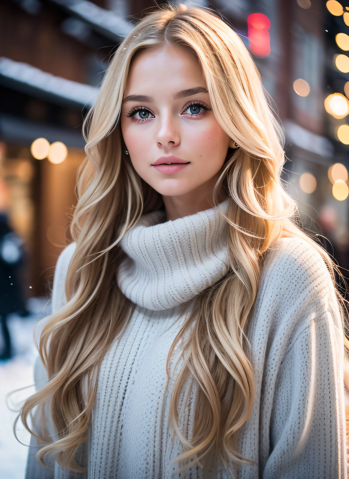 Professional portrait photo of a beautiful Norwegian girl in winter clothes with long wavy blond hair, sultry flirtatious look, Sommersprossen, Beautiful symmetrical face, cute natural makeup, elegante, warme Wintermodekleidung tragen, Standing outside in the snowy city street