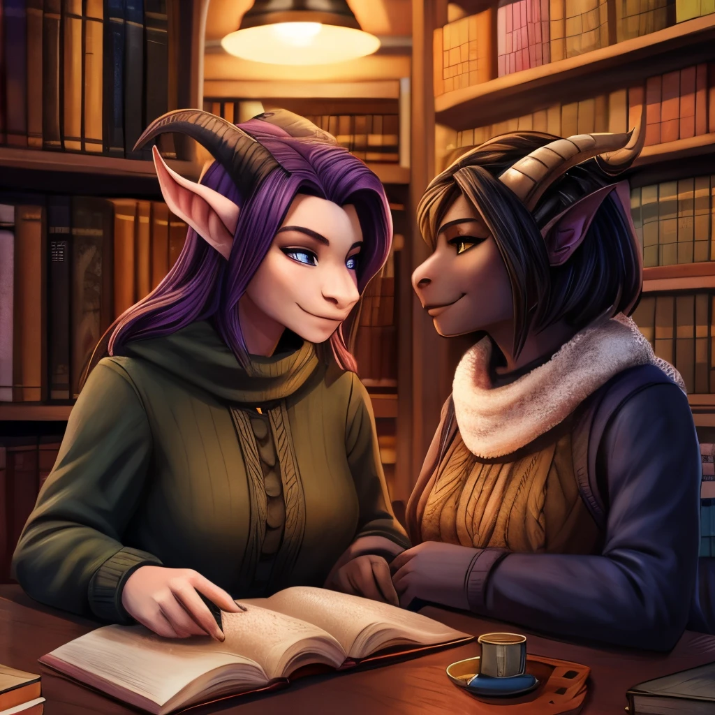 Female Dragonborn with her Tiefling Girlfriend on a cozy date at a new york bookstore in the winter time
