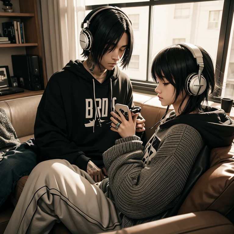 emo hiphop music, headphones, cozy living room at the evening