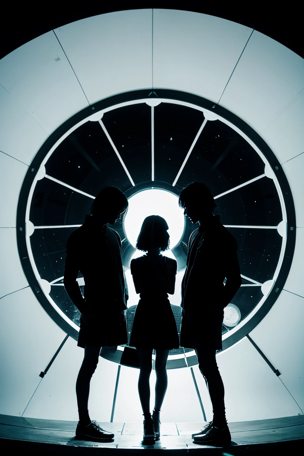 band poster with 3 silhouettes in its center, futuristic style