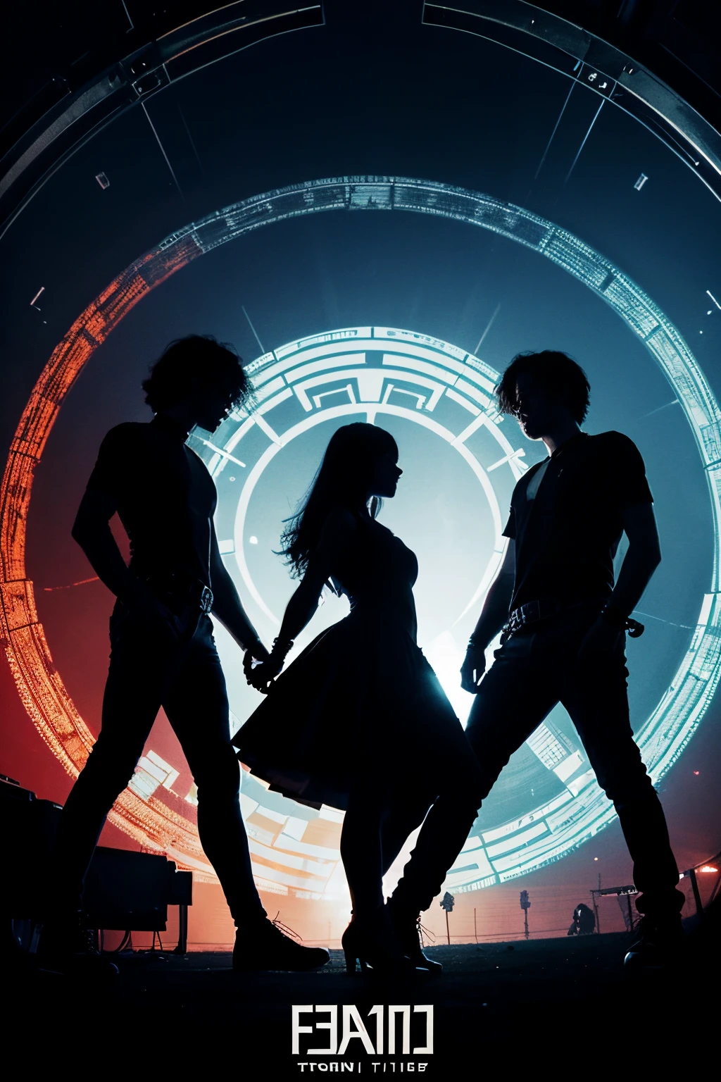 band poster with 3 silhouettes in its center, futuristic style