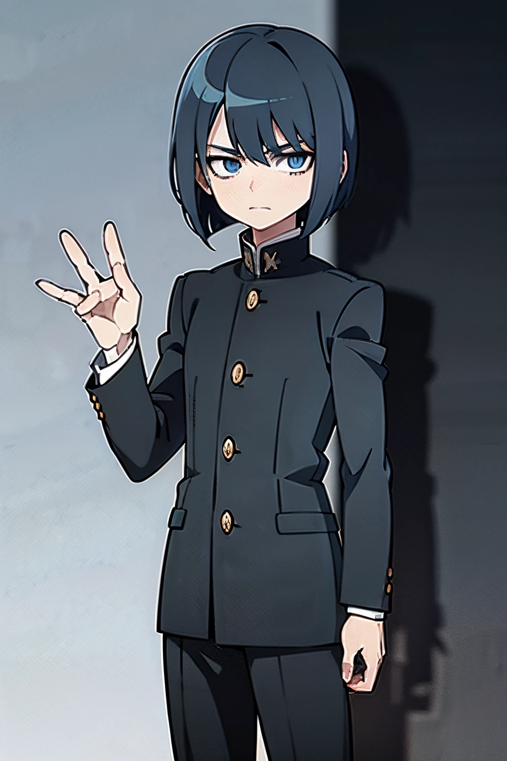 garoto jovem, blue hair, bob hair cut, blue eyes, wearing black student outfits, black gakuran, anime boy, shy face, cute anime pose, hd, masterpiece, best quality, grey filter, 4k, anime