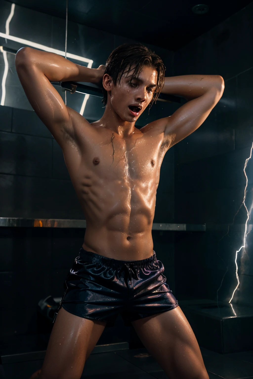 A skinny young man in wet satin shorts screams while crucified in a torture chamber with lightning bolts in the background