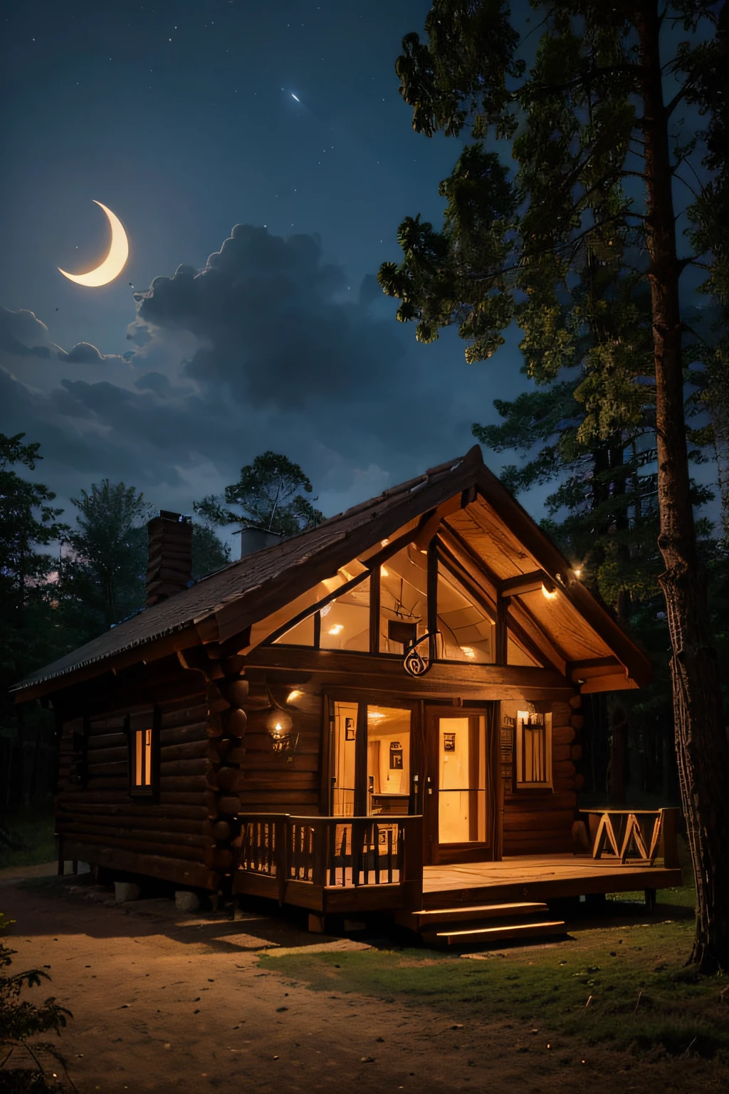 fais moi un logo dans le logo je veux une très belle maison de nuit en bois dans la forêt la maison doit être très complexe les formes doivent aller dans tous les sens sous forme de puzzle