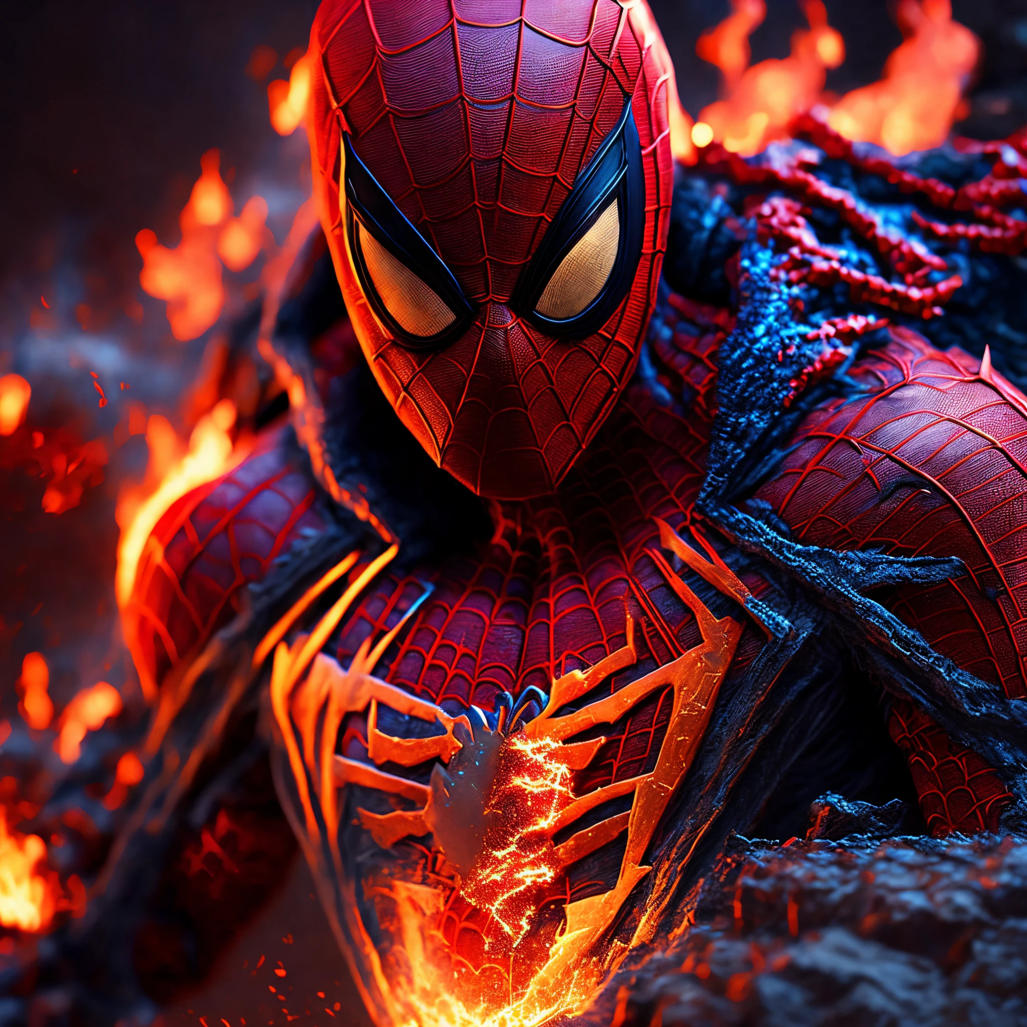 Close-up ( Spiderman made of fire from Marvel in lava style: 1.3) emerging from the flaming lake, well detailed, volumetric light