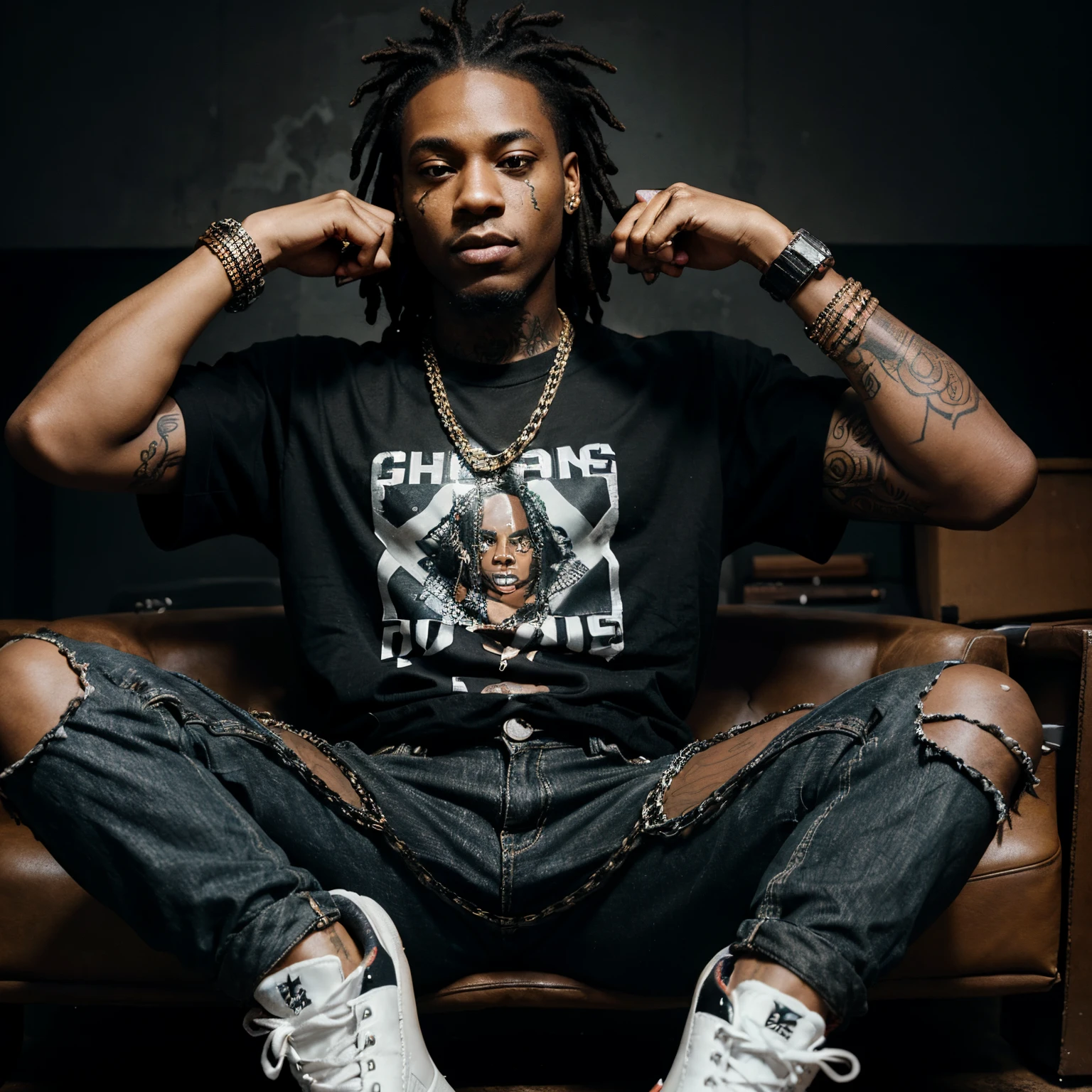 Make a cartoony rap album cover with a black man with high top dreads wearing diamond grils, watches and chains. Don’t give him a face and make it so that money or raining on him. Give him Jordan’s, black ripped jeans and a black t shirt and tattoos all on his arms.