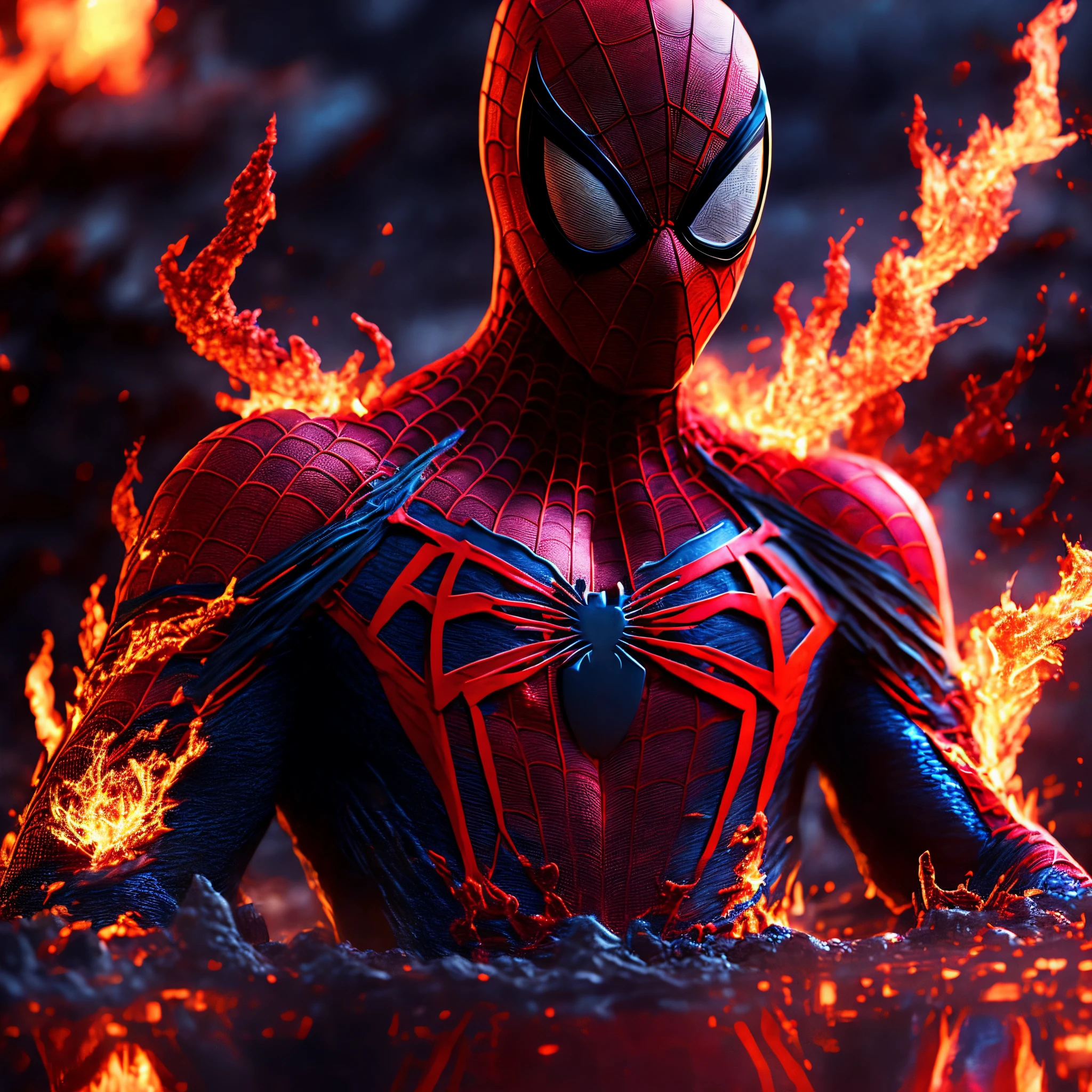 Close-up ( Spiderman made of fire from Marvel in lava style: 1.3) emerging from the flaming lake, well detailed, volumetric light