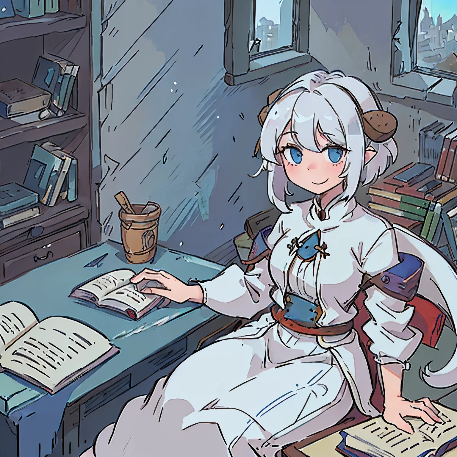 A girl, with white hair, blue eyes and dragon horns, wearing the casual outfit of a medieval student, smiling, sitting having finished studying an old book. In the room, a desk with some books, a bookshelf organized and an open window, looking like a big medieval city.