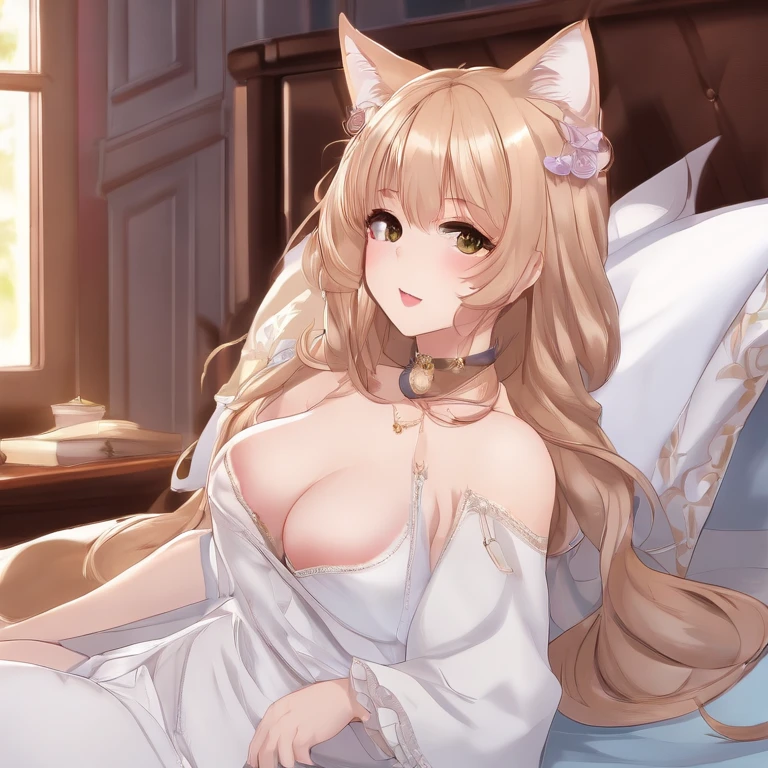 Very beautiful Neko girl, anime drawing, Cat's ears, lying on the bed excitedly, dressless, exposed body parts, teats, pussy, wants penis