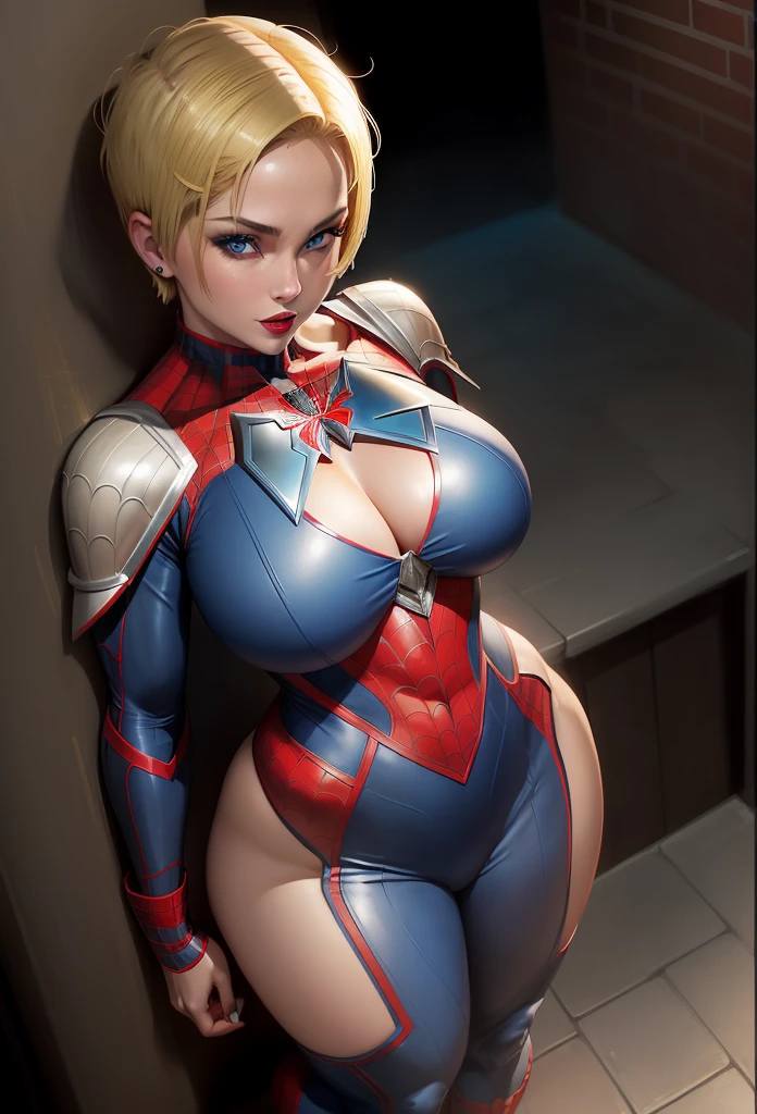 ((Full body photo)). Laura/woman/Chinese (big breasts:1.3) is standing, (Spider-Man/Ultraman hybrid costume with blue jewelry on the breastplate/extremely tight on the body/extremely exhibitionist:1.2)), wearing (red lipstick on the mouth:1.0), she's in a dark alley leaning against a wall, she's looking at the viewer, smiling, posing. She has (very short blonde hair, slick:1.5) and (blue eyes:1.5), Mortal Kombat, anime, framed, symmetry, 16k, best quality, super detail, textured skin, UHD