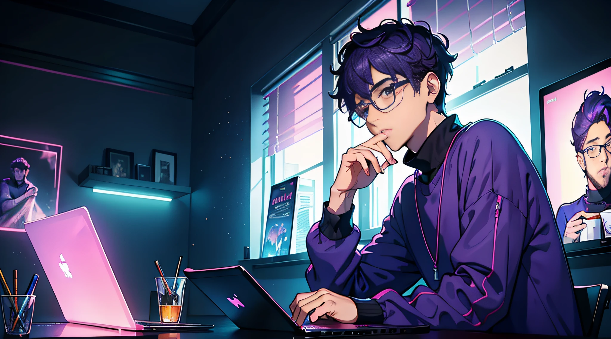 4K,8K,Best quality, Masterpiece, ,High definition, 8K, Masterpiece, Best quality, A boy, with glasses, studying, at the computer, with a cup of cofffe, he is attractive, wearing a sweather with long sleeves, blue and purple, synthwave colors, retro, at dusk, dusk light, deep pink, purple blue,