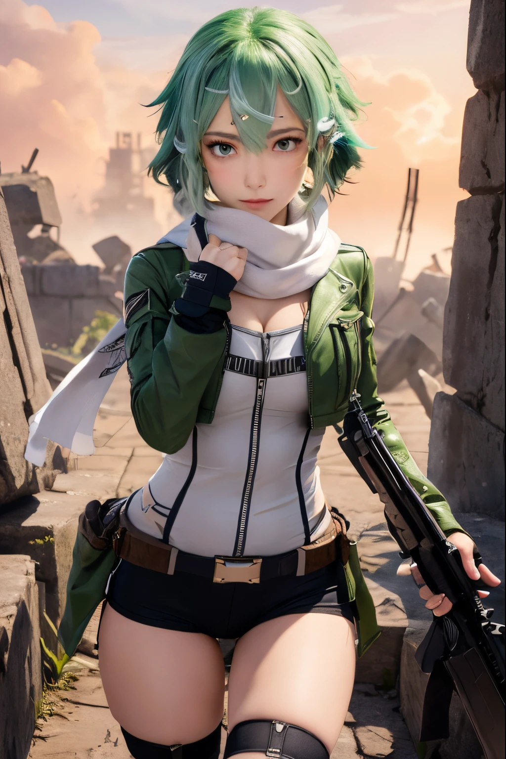 top-quality, 8K, ultra-detailliert, Photorealsitic, ​masterpiece, top-quality, hight resolution, 1girl in, sinon1, (Face Focus:1.3), scarf, Fingerless gloves, white clothes and green jacket, hair adornments, hair clips, Have a gun, Sniper rifle, Ruins, worried, Curvaceous, bbw, Blush with embarrassment, a person々A masterpiece surrounded by, Best Quality, Running, Crowd of enemies, Military, Blue sky, Huge fortress