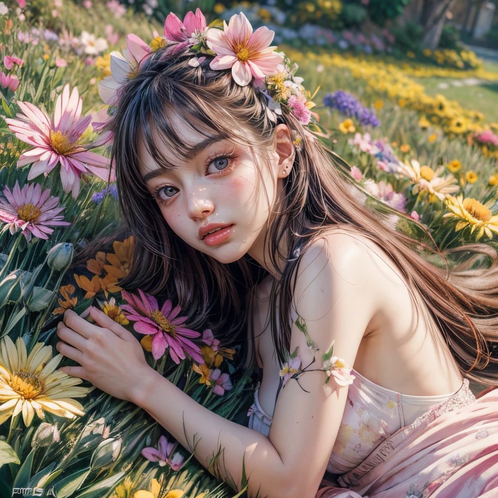 ((( KAWAII girls laying on flowers, flower background, concept art))), ((SFW)), (Exposed:1.2), (nipple:-0.9), (Acutance:0.8), (Extremely Detailed KAWAII Face variations), ( 8K finest-quality, ultra-detailed), ( realistic, (Hyper-Realism:1.37), ), an extremely delicate and beautiful, (( covered girl's body with many many flowers)), ( no extra limbs ) . full of flowers, filled with flowers, Overflowing flowers .