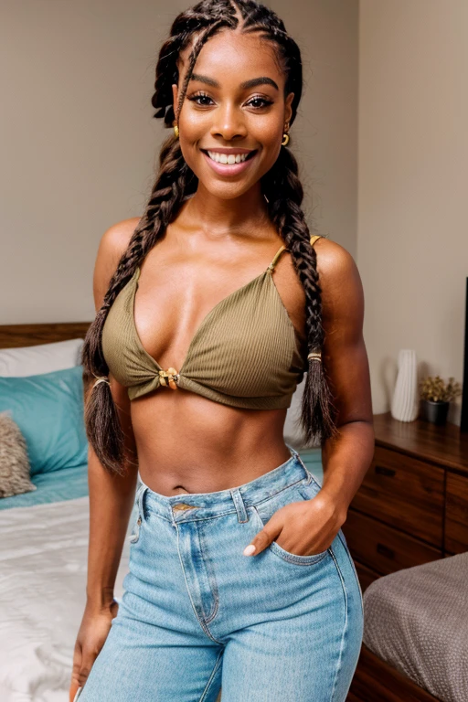 A detailed image of a Beautiful sexy brown skin girl she has a warm smile and dimples, ((with thin braids)) standing at a bedroom wearing a trendy outfit (( posing)) sexy instagram influencer with tiny waist,stylish Fashion ((cute dimples)),photorealistic ,a masterpiece,8k,(perfect_fingers:1.0),