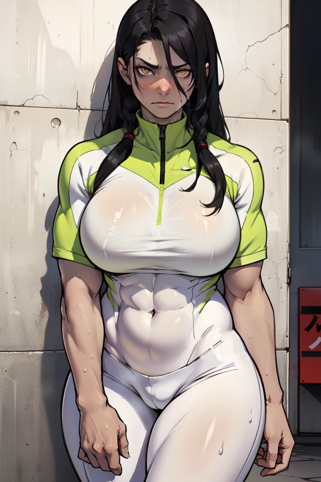 muscular yellow eyes pale skin girl sad shy sweaty big breasts long black hair