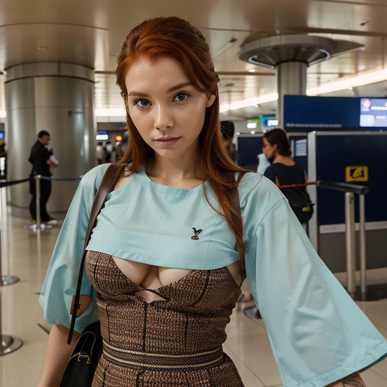 Crie uma foto realista de uma mulher ruiva com o mesmo rosto desta foto, com uma roupa de viagem, tirando uma foto em um aeroporto do Brasil!