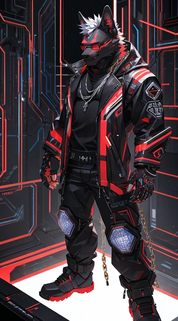 a 32K HDR portrait of anime furry male character DJ a realistic bedroom background alone wearing a golden chain and glasses Cyberpunk red eyes full body Ultra realistic digital art in 3D full HD super high quality