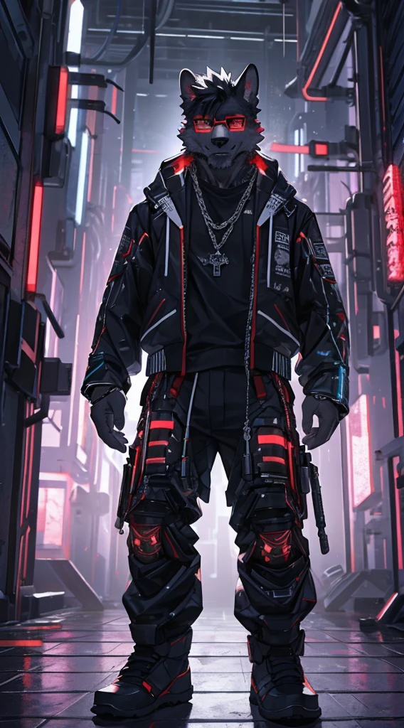 a 32K HDR portrait of anime furry male character DJ a realistic bedroom background alone wearing a golden chain and glasses Cyberpunk red eyes full body Ultra realistic digital art in 3D full HD super high quality