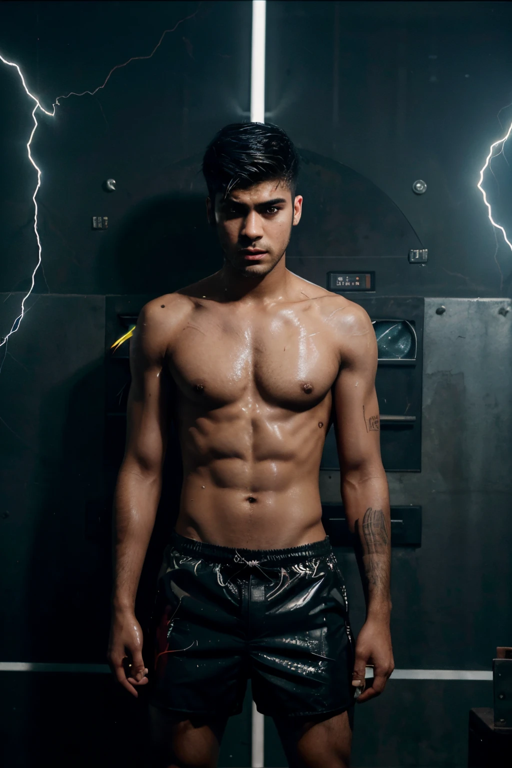 Zayn Malik in wet shorts screams while crucified in a torture chamber next to a control panel with lightning bolts in the background