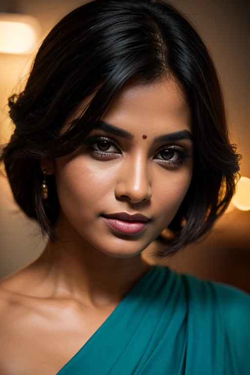 Portrait of most beautiful and attractive Indian woman in her 30s as a beautiful female model, beautiful face, dramatic lighting, trending on art-station, portrait, digital art, modern, sleek, highly detailed, formal, determined, pink liner lipstick, soft lips, black eyes, happy, [[Curly Bob]]