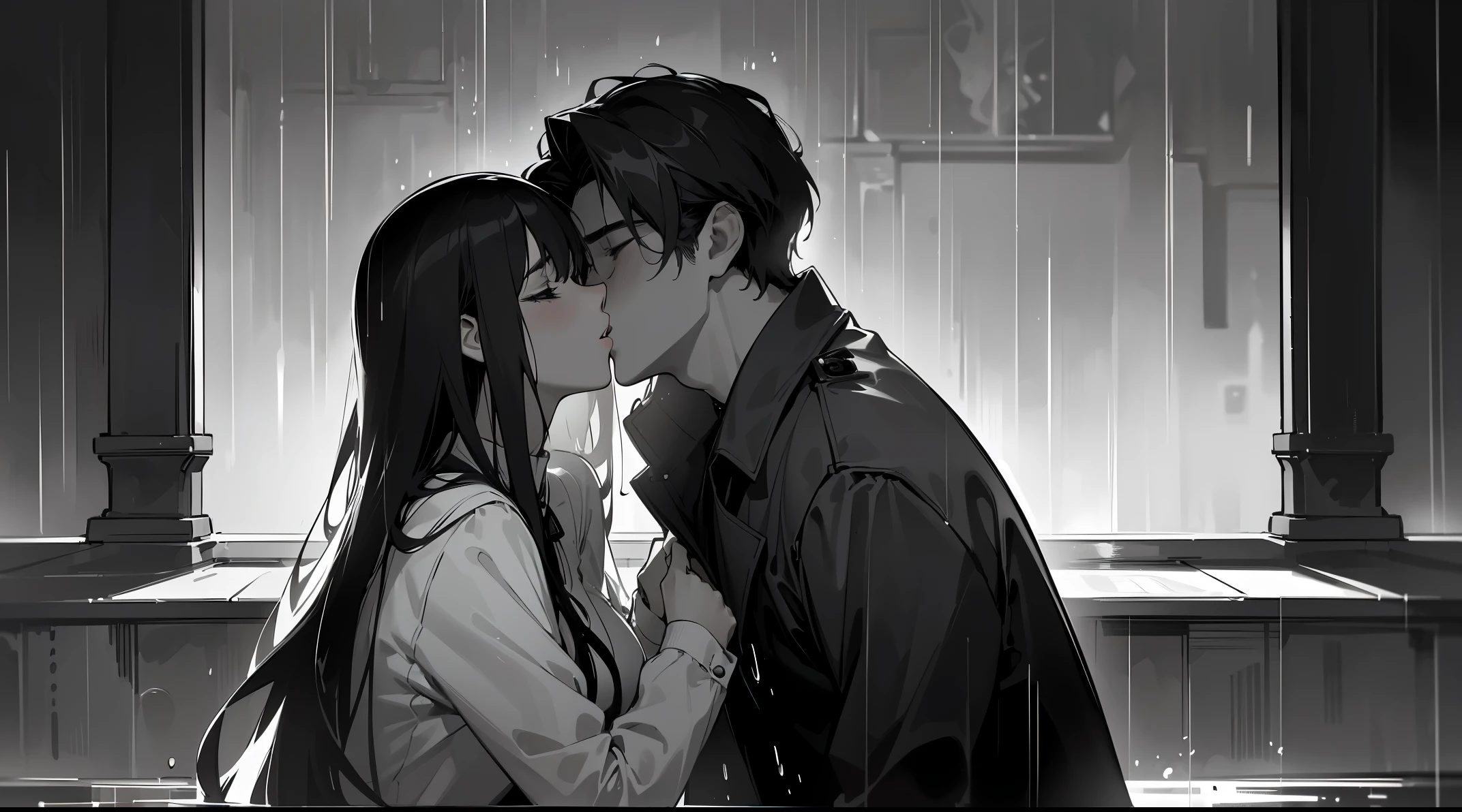 (large,high resolution,fine art,romantic),detailed man and girl kissing(kissing in the rain,gentle,passionate kiss),intense love,pleasure,embrace,great longing,(film noir,black and white),soft lighting,emotional connection,love story,tender moment,romantic atmosphere