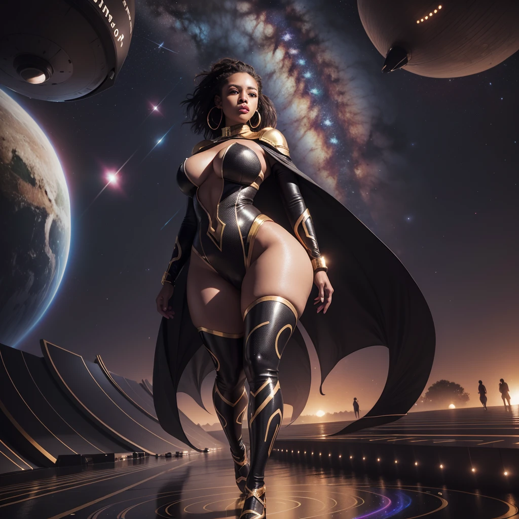 Linda mulher negra curvada em roupas de modelagem com desenhos africanos modelando em uma passarela flutuante, in outer space, Crowd Watching, stars in the galaxy shining, com luz iridescente, imagens altamente detalhadas, cores vibrantes e bonitas, imagem fotorrealista, 8k, Ultra HD | |, unreal rendering engine, Cinematic lighting, Estilo Artgerm,