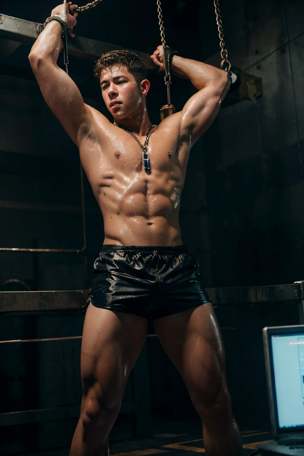 Nick Jonas in wet shorts screams while crucified in a torture chamber  wrapped in chains next to a control panel with lightning bolts in the background